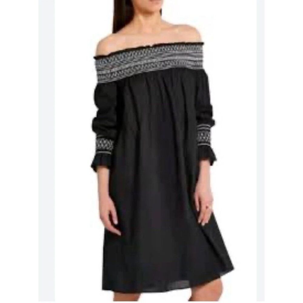 Maje Sz 1 Raffy Black Embroidered Off Shoulder Knee Length Dress EXCELLENT